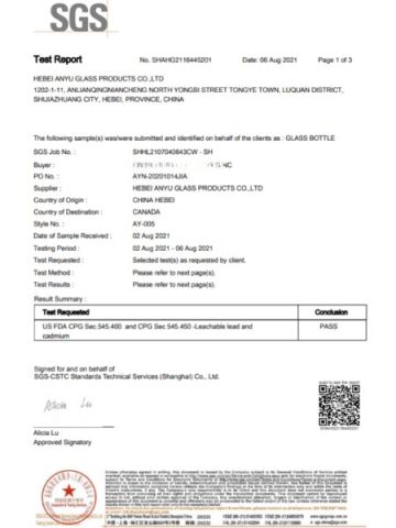 FDA Certificate certificate from Hebei Anyu Glass Products Co., Limited