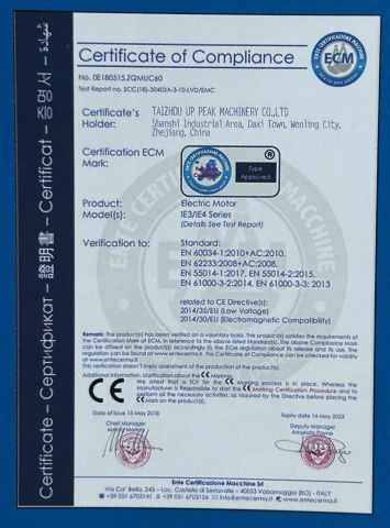 CE Certificate certificate from taizhou up peak Motor Co., Ltd.