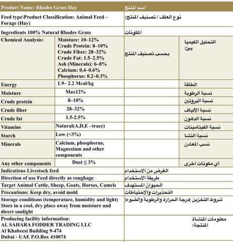 Product label certificate from Al Sahara Fodder Trading LLC