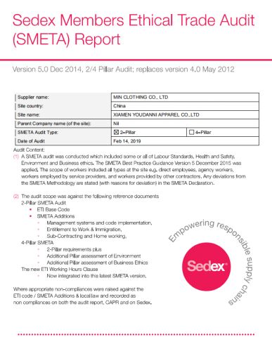 Sedex certificate from Xiamen Crownway Apparel Co., Ltd.