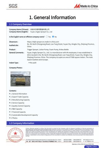 SGS certificate of Yuyao Jingdu Sprayer Co., Ltd – certificate photo, supplier certificates section