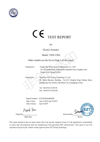 certification of conformity certificate from Ningbo Star Win Actuators Manufacture Co., Ltd.