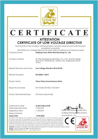 YE2 efficiency certification certificate from Taizhou Pengyuan Electrical & Mechanical Co., Ltd.
