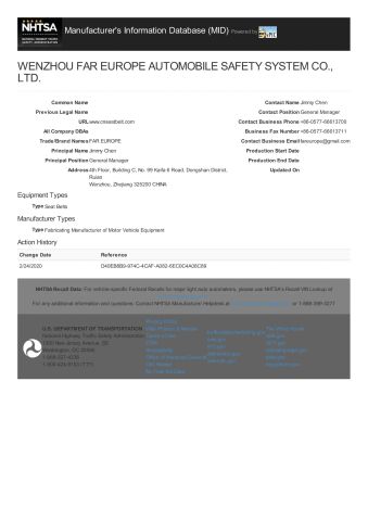 DOT certificate from Wenzhou Far Europe Automobile Safety System Co., Ltd