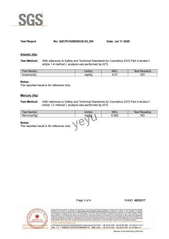 Test Report certificate from Shenzhen YueYueYuan Cosmetics Co., Ltd.