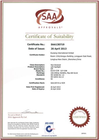 SAA certification certificate from Shenzhen Ouxiang Electronics Co., Ltd.