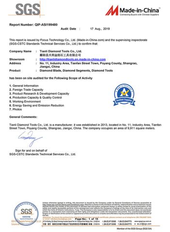 SGS Factory Audit certificate from Poyang Tianli Diamond Tools Co., Ltd.