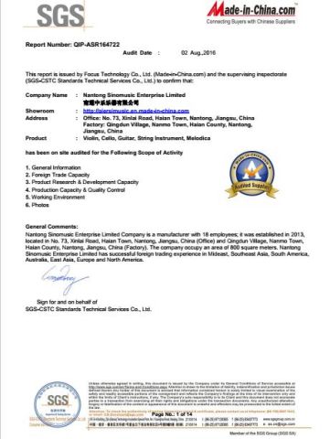 SGS Certificate certificate from Nantong Sinomusic Enterprise Limited