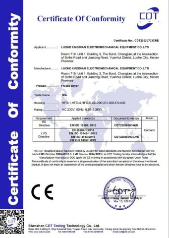 Freeze dryer CE dertificate certificate from Luohe Xingdian Electromechanical Equipment Co., Ltd.