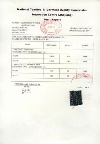 National test report for breaking strength (CHINA) certificate from Shengzhou Deli Plastic Netting Co., Ltd.