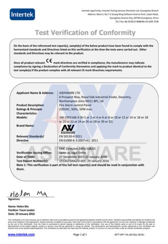 CE certificate certificate from Shenzhen Asenware Test and Control Technology Co., Ltd.