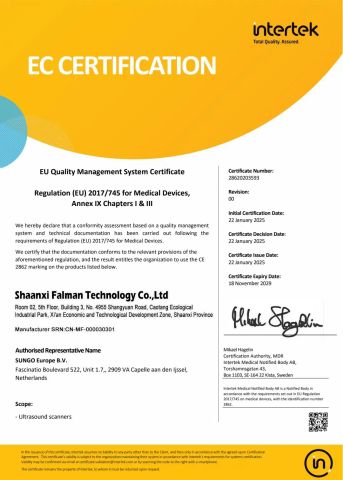 EC CERTIFICATION certificate from Falman Medical Beauty Co., Ltd.