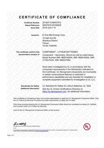 ICE Test Certificate - Molicel P42A certificate from Shenzhen Senchtec Technology Co., Ltd.