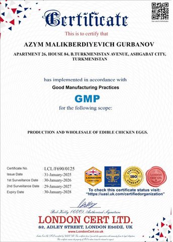 GMP Good Manufacturing Practices certificate from Orun Trading LLC