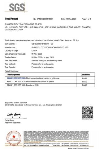 FDA 21 CFR 177.1520 certificate from Shantou City Yicai Packaging Co., Ltd.