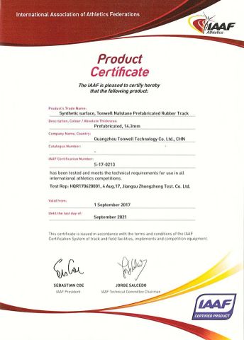 IAAF-Prefabricated certificate from Shenzhen Hapi Sports Floor Materials Co., Ltd