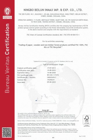 FSC certificate certificate of Ningbo Inmax Cultural Technology Co., Ltd – certificate photo, supplier certificates section
