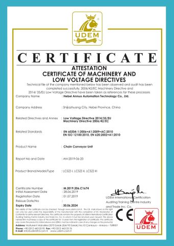 CE of chain conveyor unit certificate from Hebei Annuo Automation Technology Co., Ltd.