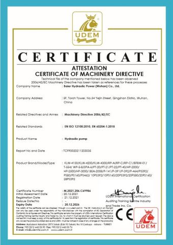 CE for hydraulic pump certificate from Baier Hydraulic Power (Wuhan) Co., Ltd.
