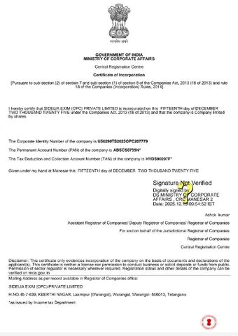 MC certificate from Sidelia exim OPC private limited