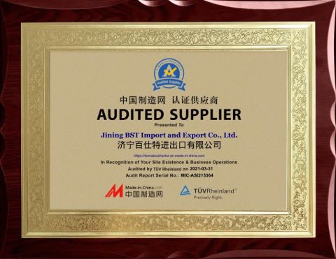 Audited supplier certificate of Jining BST Import and Export Co., Ltd. – certificate photo, supplier certificates section