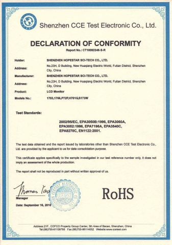 RoHS of 17" LCD Monitor certificate from Shenzhen Hopestar Sci-Tech Co., Ltd.