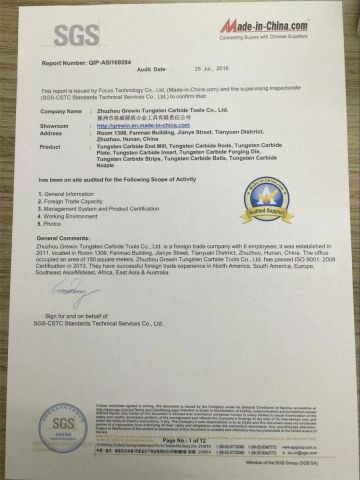 SGS certificate from Zhuzhou Grewin Tungsten Carbide Tools Co., Ltd.