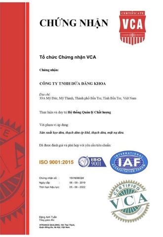 ISO certificate from Dang Khoa Coconut Company Limited