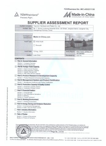SUPPLIER ASSESSMENT REPORT certificate from TOPUNION HARDWARE AND PLASTIC CO., LIMITED