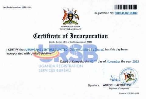 Certificate of Registration certificate from Ubungane ventures Ltd