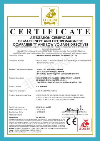 CE Certification certificate from Wenzhou Tianlong Machinery Technology Co., Ltd.