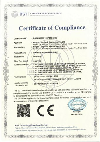 CE certificate from Ningbo Longbank Intelligence Appliance Co., Ltd.