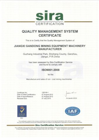 ISO9001:2008 certificate from Jiangxi Gandong Mining Equipment Machinery Manufacturer