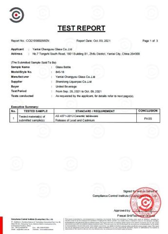 TEST REPORT certificate from Yantai Changyou Glass Co., Ltd.