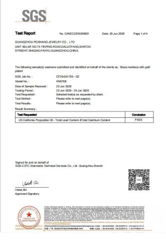 US California Proposition 65 certificate from Guangzhou Peishang Jewelry Co., Ltd.