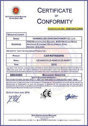 CE Certificate certificate of Haining Lee-Ding Machinery Co., Ltd. – certificate photo, supplier certificates section