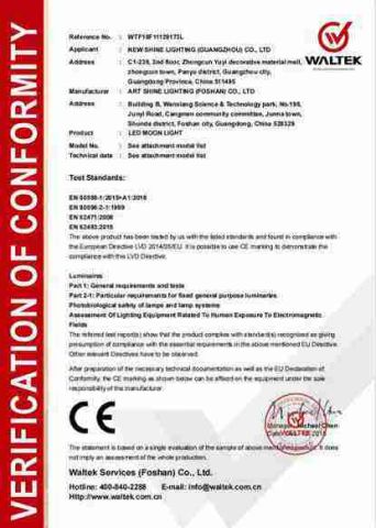 CE Verification Conformity for Moon Light certificate of New Shine Lighting (Guangzhou) Co., Ltd – certificate photo, supplier certificates section