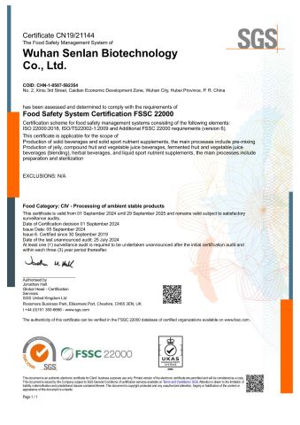 FSSC22000 certificate from Wuhan Sen Lan Biological Technology Co., Ltd.