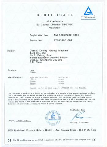 CD6271 CD6180 CD6280 CE CERTIFICATE-MACHINERY DIRECTIVE certificate from DEZHOU PRECION MACHINE TOOL CO., LTD.