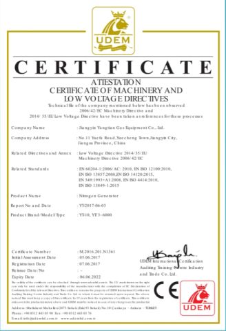CE CERTIFICATE for NITROGEN GENRATOR certificate from Jiangyin Yangtian Gas Equipment Co., Ltd.