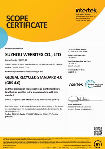 GRS certificate certificate from SUZHOU WEEBITEX CO., LTD.
