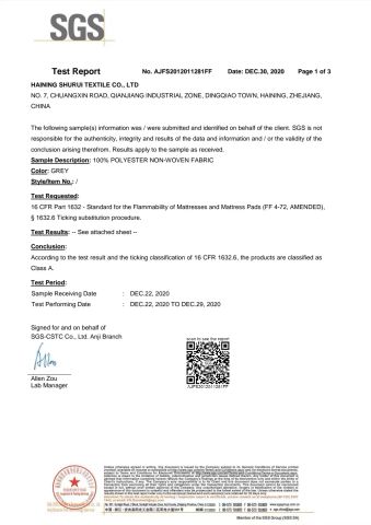 non-woven fabric certificate from Haining Shurui Textile Co., Ltd.