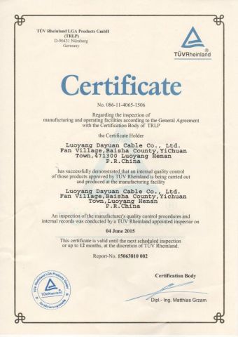 TUV certificate of LUOYANG SANWU CABLE GROUP CO., LTD – certificate photo, supplier certificates section