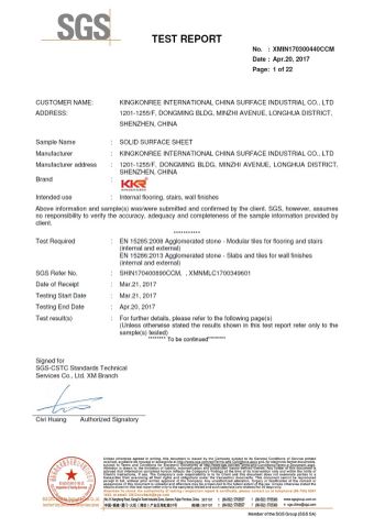 Solid Surface Sheet SGS test report certificate from Shenzhen MSUN Sanitary Ware Co., Ltd.
