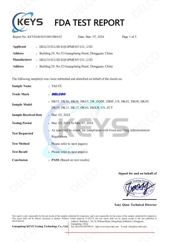 FDA Report certificate of DELCO VALVE CO., LTD – certificate photo, supplier certificates section