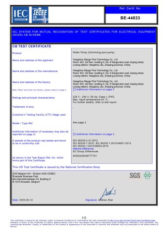 CB-1 certificate from Hangzhou Maygo Pool Technology Co., Ltd.