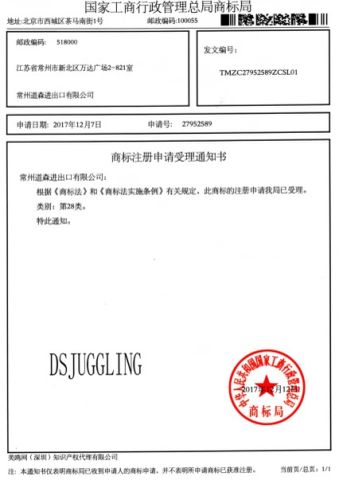 Trademark certificate from Changzhou Dawson I. A. E. Co., Ltd.