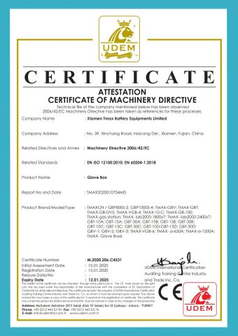 CE of Glove Box certificate from Xiamen Tmax Battery Equipments Limited