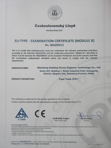 CE certificate of Fuel tank certificate from Qingdao Allsea Boats Co., Ltd.
