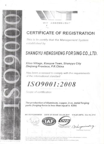 ISO 9001 certificate from Ningbo Hengsheng Machinery Co., Ltd.